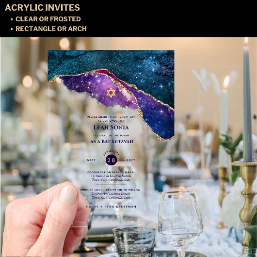 Acryl Clear BAR MITZVAH Galaxy Sterrennacht Blauw Acryl Uitnodigingen