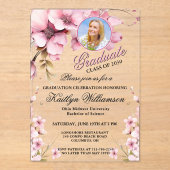 Acryl Elegante Bloemen Roze Foto Afstuderen Party Acryl Uitnodigingen (Voorkant)