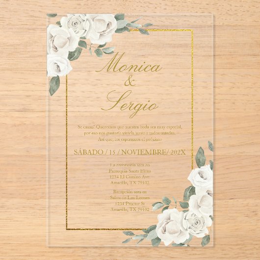 Acryl elegante bruiloft uitnodiging in het Spaans (Voorkant)