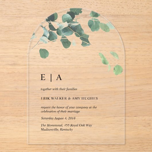 Acryl Eucalyptus bruiloft uitnodiging boog (Voorkant)
