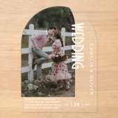 ACRYL foto bruiloft moderne boog witte tekst Acryl Uitnodigingen (Voorkant)