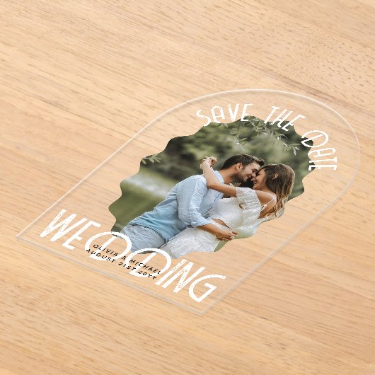 ACRYL Foto Opslaan Datum Moderne Elegante Witte Te Acryl Uitnodigingen (Laagn)