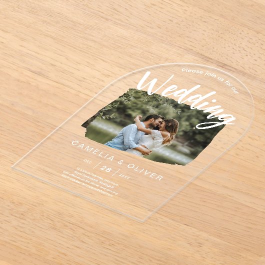 ACRYL Fotobruiloft Nodig Modern Rustic ARCH uit Acryl Uitnodigingen (Laagn)