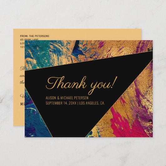 Acryl geschilderd rood blauw zwart bruiloft dank u briefkaart (Voorkant / Achterkant)