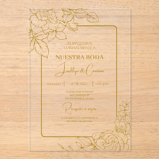 Acryl goud Bloemen Spaanse bruiloft Acryl Uitnodigingen (Voorkant)