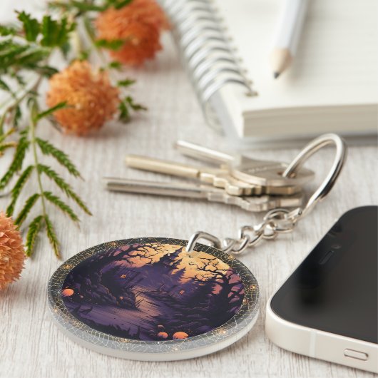 Acryl Halloween Kasteel Scène W Spiderweb Ring Sleutelhanger (Voorkant Rechts)