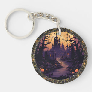 Acryl Halloween Kasteel Scène W Spiderweb Ring Sleutelhanger