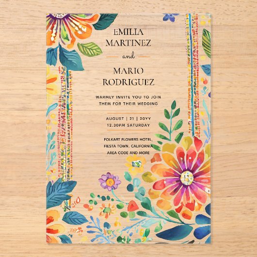 Acryl Held Helder Fiesta Bloem Bruiloft BUDGET Acryl Uitnodigingen (Voorkant)