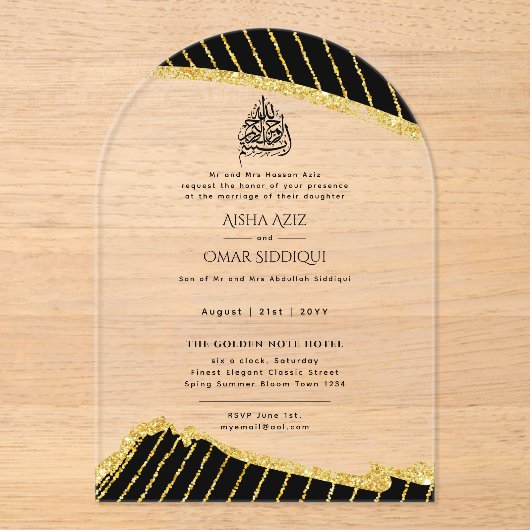 ACRYL NIKAH WALIMA Zwart Goud Elegant Islamitische Acryl Uitnodigingen (Voorkant)