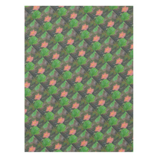 Acryl op canvas, roze waterlily en groene bladeren tafelkleed