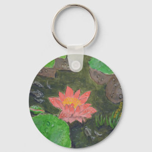 Acryl op doek, roze waterlelie bloem sleutelhanger