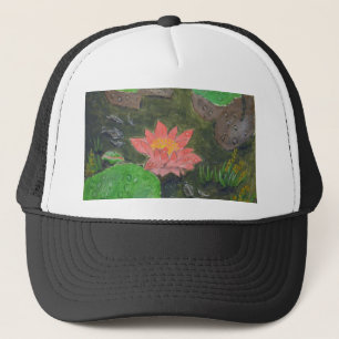 Acryl op doek, roze waterlelie bloem trucker pet