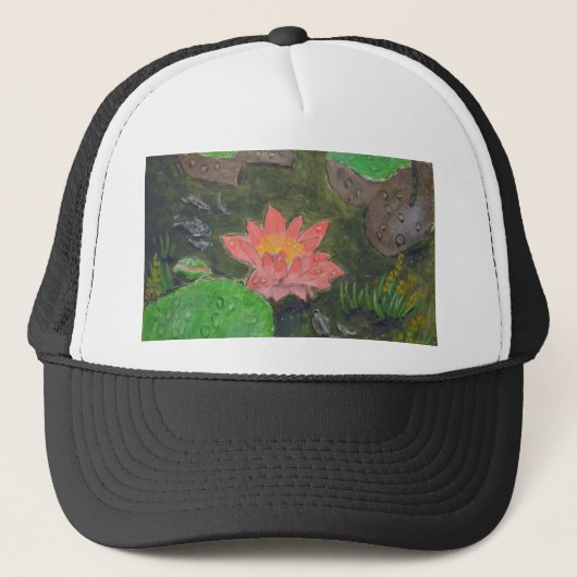 Acryl op doek, roze waterlelie bloem trucker pet (Voorkant)