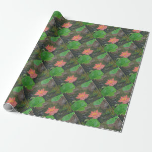 Acryl op doek, roze waterlelie en groene bladeren cadeaupapier