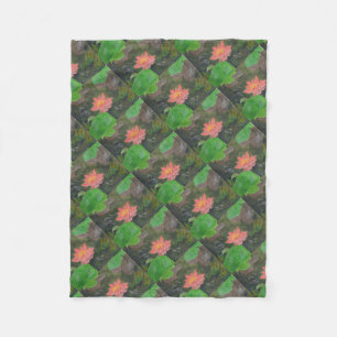 Acryl op doek, roze waterlelie en groene bladeren fleece deken