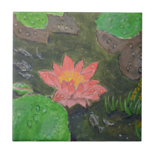 Acryl op doek, roze waterlelie en groene bladeren tegeltje