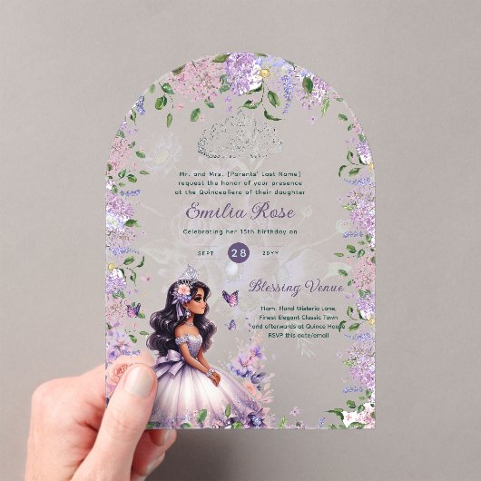 ACRYL Paarse Silver Quinceañera Floral Wisteria Acryl Uitnodigingen (Insitu (Draagbaar))
