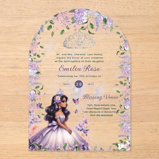 ACRYL Paarse Silver Quinceañera Floral Wisteria Acryl Uitnodigingen (Voorkant)