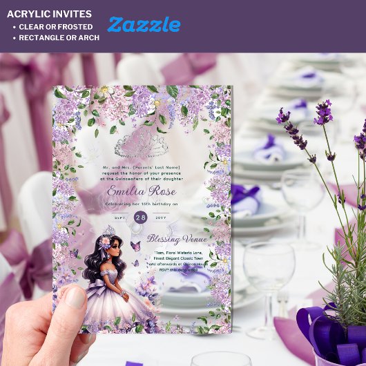 ACRYL Paarse Silver Quinceañera Floral Wisteria Uitnodigingen