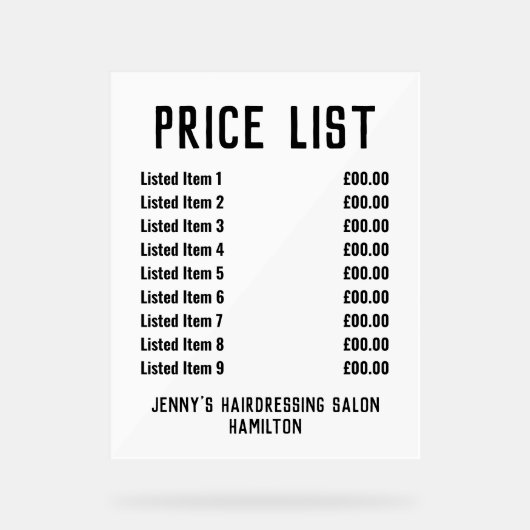 Acryl prijslijst acryl bord (Voorkant)