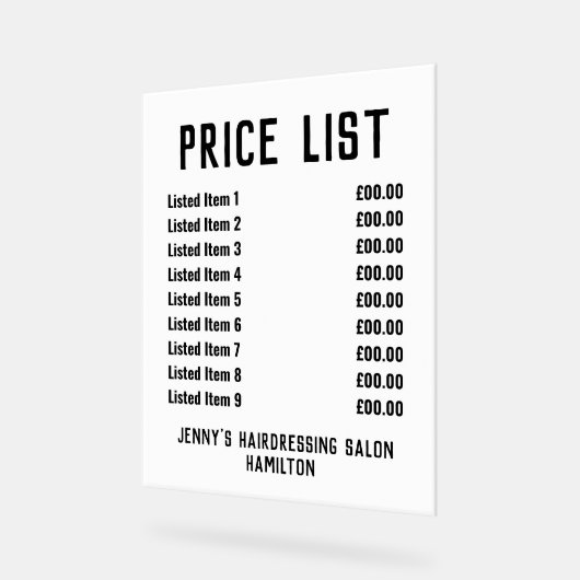 Acryl prijslijst bord (Hoek)