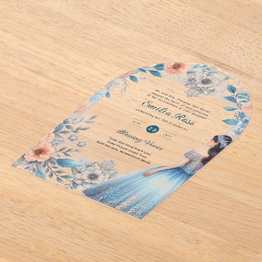 ACRYL Quinceañera Blauw Zilveren Perzik Jurk Bloem Acryl Uitnodigingen (Laagn)