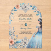 ACRYL Quinceañera Blauw Zilveren Perzik Jurk Bloem Acryl Uitnodigingen (Voorkant)