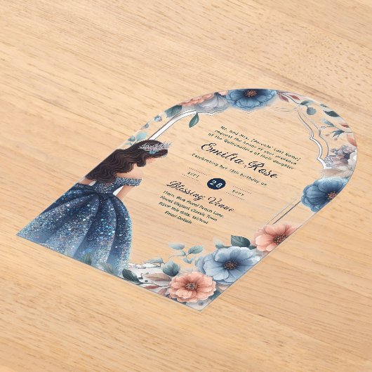 ACRYL Quinceañera Blauw Zilveren Perzik Jurk Bloem Acryl Uitnodigingen (Laagn)