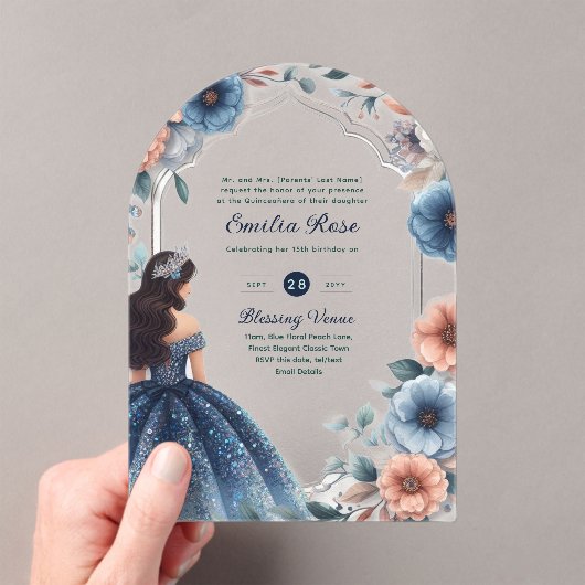 ACRYL Quinceañera Blauw Zilveren Perzik Jurk Bloem Acryl Uitnodigingen (Insitu (Draagbaar))