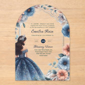 ACRYL Quinceañera Blauw Zilveren Perzik Jurk Bloem Acryl Uitnodigingen (Voorkant)