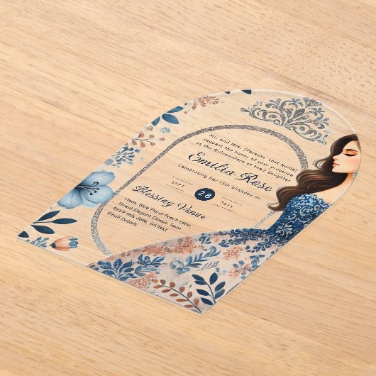 ACRYL Quinceañera Blauw Zilveren Perzik Jurk Bloem Acryl Uitnodigingen (Laagn)