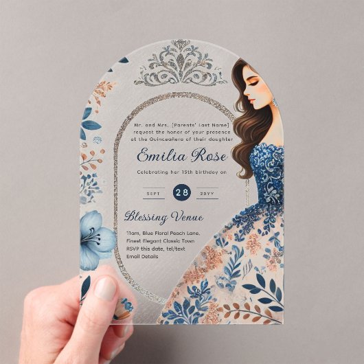 ACRYL Quinceañera Blauw Zilveren Perzik Jurk Bloem Acryl Uitnodigingen (Insitu (Draagbaar))