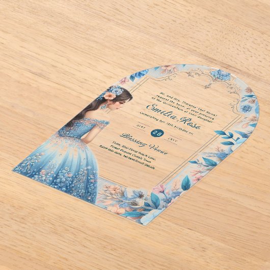 ACRYL Quinceañera Blauw Zilveren Perzik Jurk Bloem Acryl Uitnodigingen (Laagn)