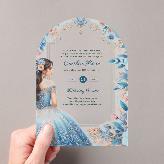 ACRYL Quinceañera Blauw Zilveren Perzik Jurk Bloem Acryl Uitnodigingen (Insitu (Draagbaar))