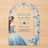 ACRYL Quinceañera Blauw Zilveren Perzik Jurk Bloem Acryl Uitnodigingen (Voorkant)