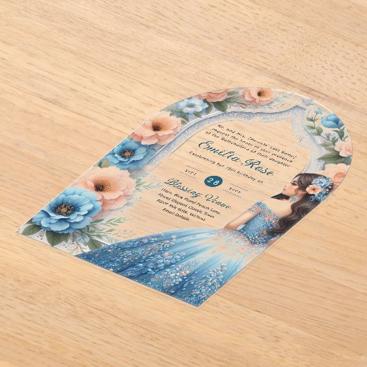 ACRYL Quinceañera Blauw Zilveren Perzik Jurk Bloem Acryl Uitnodigingen (Laagn)