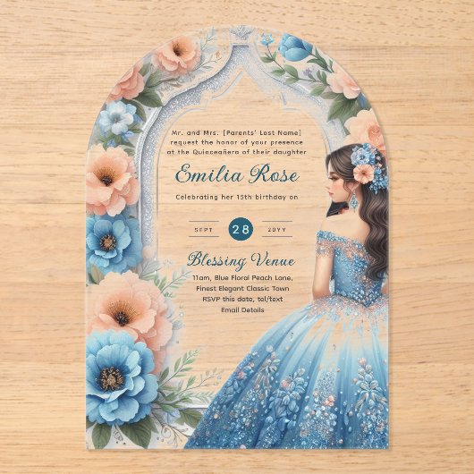 ACRYL Quinceañera Blauw Zilveren Perzik Jurk Bloem Acryl Uitnodigingen (Voorkant)