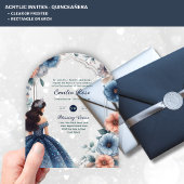 ACRYL Quinceañera Blauw Zilveren Perzik Jurk Bloem Acryl Uitnodigingen