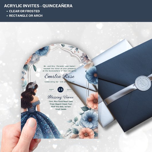 ACRYL Quinceañera Blauw Zilveren Perzik Jurk Bloem Acryl Uitnodigingen