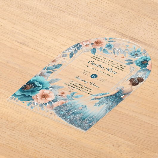 ACRYL Quinceañera Blauw Zilveren Perzik Jurk Bloem Acryl Uitnodigingen (Laagn)