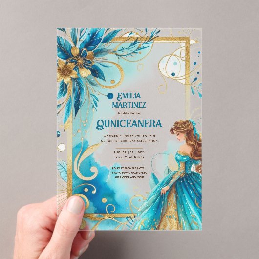 ACRYL Quinceanera Blauwgroen Gouden Bloemjurk Quin Acryl Uitnodigingen (Insitu (Draagbaar))