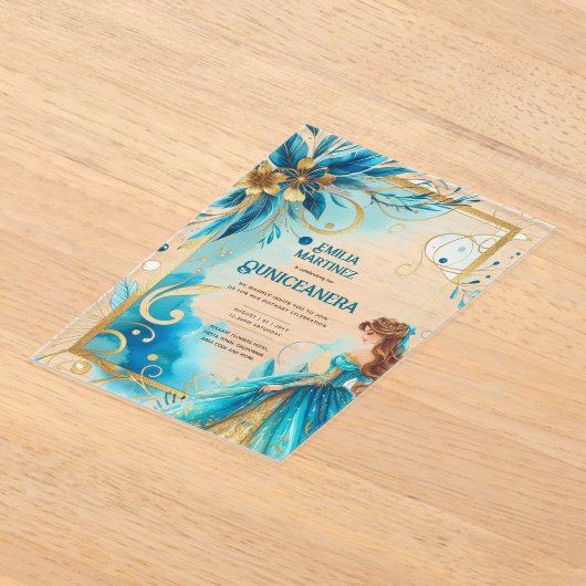 ACRYL Quinceanera Blauwgroen Gouden Bloemjurk Quin Acryl Uitnodigingen (Laagn)