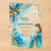ACRYL Quinceanera Blauwgroen Gouden Bloemjurk Quin Acryl Uitnodigingen (Voorkant)