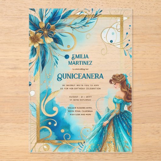 ACRYL Quinceanera Blauwgroen Gouden Bloemjurk Quin Acryl Uitnodigingen (Voorkant)