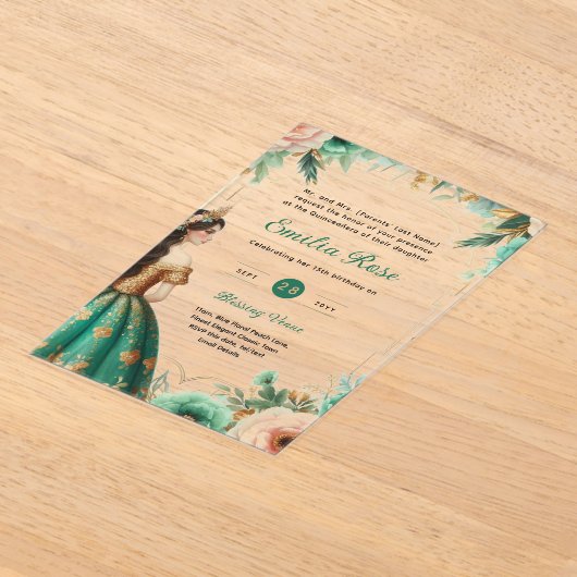 ACRYL Quinceañera Emerald GREEN GOLD Jurk Acryl Uitnodigingen (Laagn)