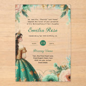 ACRYL Quinceañera Emerald GREEN GOLD Jurk Acryl Uitnodigingen (Voorkant)