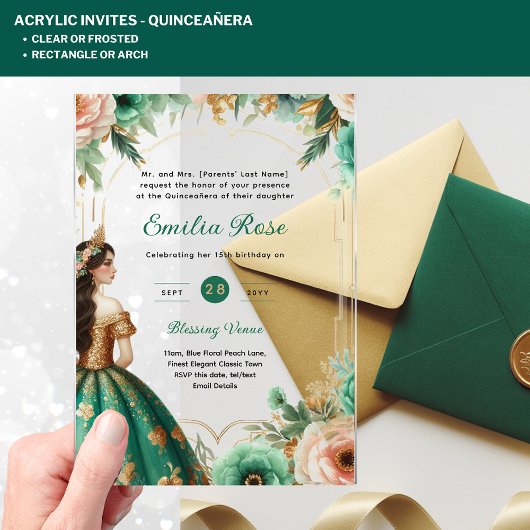 ACRYL Quinceañera Emerald GREEN GOLD Jurk Acryl Uitnodigingen