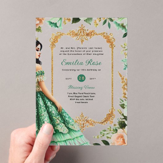 ACRYL Quinceañera Emerald GREEN Gouden Jurk Acryl Uitnodigingen (Insitu (Draagbaar))