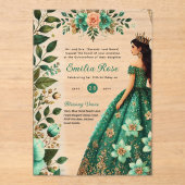 ACRYL Quinceañera Emerald GREEN Gouden Jurk Acryl Uitnodigingen (Voorkant)