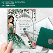 ACRYL Quinceañera Emerald GREEN Zilveren Jurk Acryl Uitnodigingen